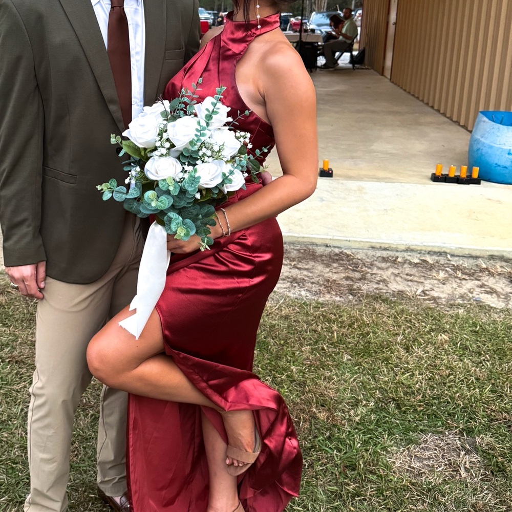 Azazie Red Satin Maxi Dress